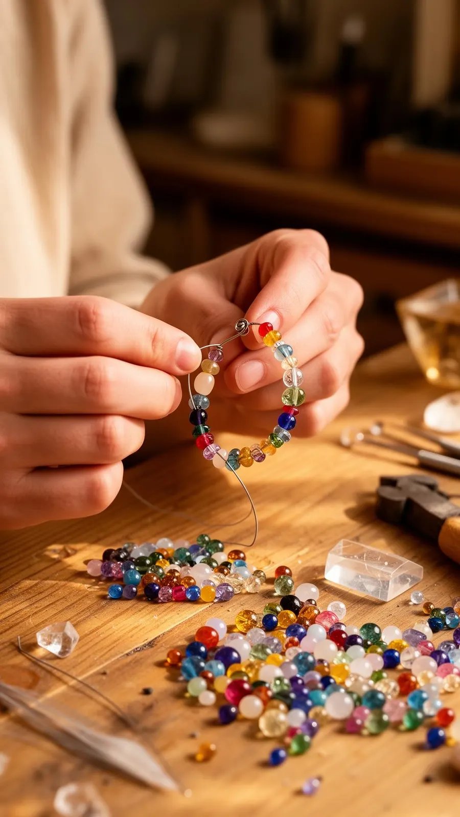 Lolo's hands stringing colorful beads at her craft workbench